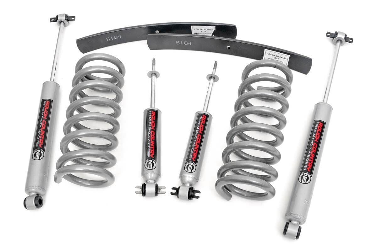 Style and Protection. The Rough Country 2-Inch Lift Kit for Chevy and GMC trucks provides you with a perfect blend of performance, protection, and style from Rough Country. The kit gives you excellent ride quality and increased ground clearance, and it also levels the front with the rear of your vehicle for a much more balanced look. This simple yet effective design really lets your truck stand out from all the others on the road.\
Built to Withstand. Rough Country's 2" Lift Kit for Chevy/GMC is an easy-to-install, bolt-on lift kit and includes everything you need to go from stock height to a lifted truck look. The easy bolt-on installation features lifted coil springs for the front and add-a-leaf springs for the rear. Each kit also comes with four premium N3 series shock absorbers. Backed by Rough Country's limited lifetime replacement warranty, you can count on long-lasting performance from this Chevy/GMC lift kit!