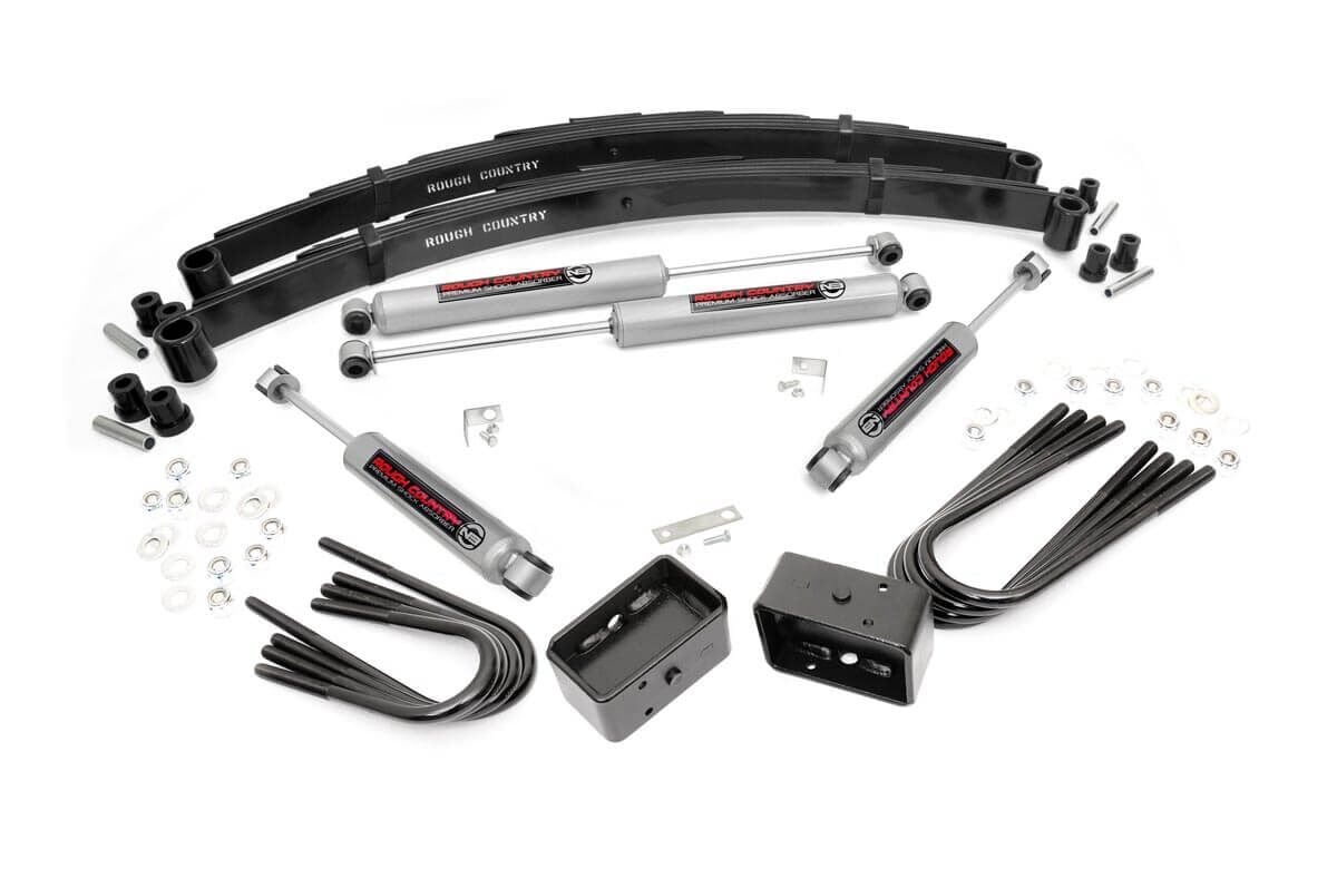 Give your truck an impressive upgrade, front to back with Rough Country’s 4" GM Suspension Lift Kit! This easy-to-install lift kit raises the front of your vehicle to be equal height with the rear for a leveled, better-than-stock look that gives an improved ride height and more aggressive appearance.\
This kit features a set of front lifted leaf springs allowing you gain additional ride height without sacrificing ride quality or performance. A set of rear blocks and brake line brackets are provided to keep everything at optimum angles for a factory-like ride, even after lifting.\
A set of Rough Country's premium N3 shocks are also included. These fine tuned 10-stage variable high-pressure Nitrogen charged shocks offer a fantastic blend of off-road action and smooth highway ride quality. With a durable 18mm spring-loaded piston rod and faster-cooling 54mm shock body.\
Get the wheels you want! Rough Country's 4" GM Suspension Lift Kit comes with everything you need to fit up to a 35" tire with proper wheel backspacing.\
Best of all, Rough Country's 4” GM Suspension Lift Kit is backed by our Lifetime Replacement Warranty.