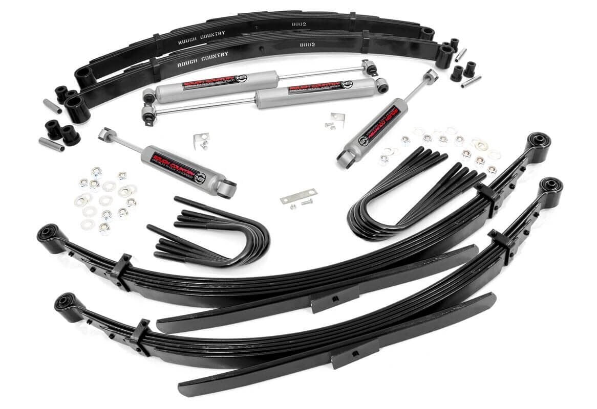Give your truck an impressive upgrade, front to back with Rough Country’s 4" GM Suspension Lift System! This easy-to-install lift kit raises the front of your vehicle to be equal height with the rear for a leveled, better-than-stock look that gives an improved ride height and more aggressive appearance.\
This kit features a set of front lifted leaf springs allowing you gain additional ride height without sacrificing ride quality or performance. A set of rear leaf springs and brake line brackets are provided to keep everything at optimum angles for a factory-like ride, even after lifting.\
A set of Rough Country's premium N3 shocks are also included. These fine tuned 10-stage variable high-pressure Nitrogen charged shocks offer a fantastic blend of off-road action and smooth highway ride quality. With a durable 18mm spring-loaded piston rod and faster-cooling 54mm shock body.\
Get the wheels you want! Rough Country's 4" GM Suspension Lift System comes with everything you need to fit up to a 35" tire with proper wheel backspacing.\
Best of all, Rough Country's 4” GM Suspension Lift System is backed by our Lifetime Replacement Warranty.