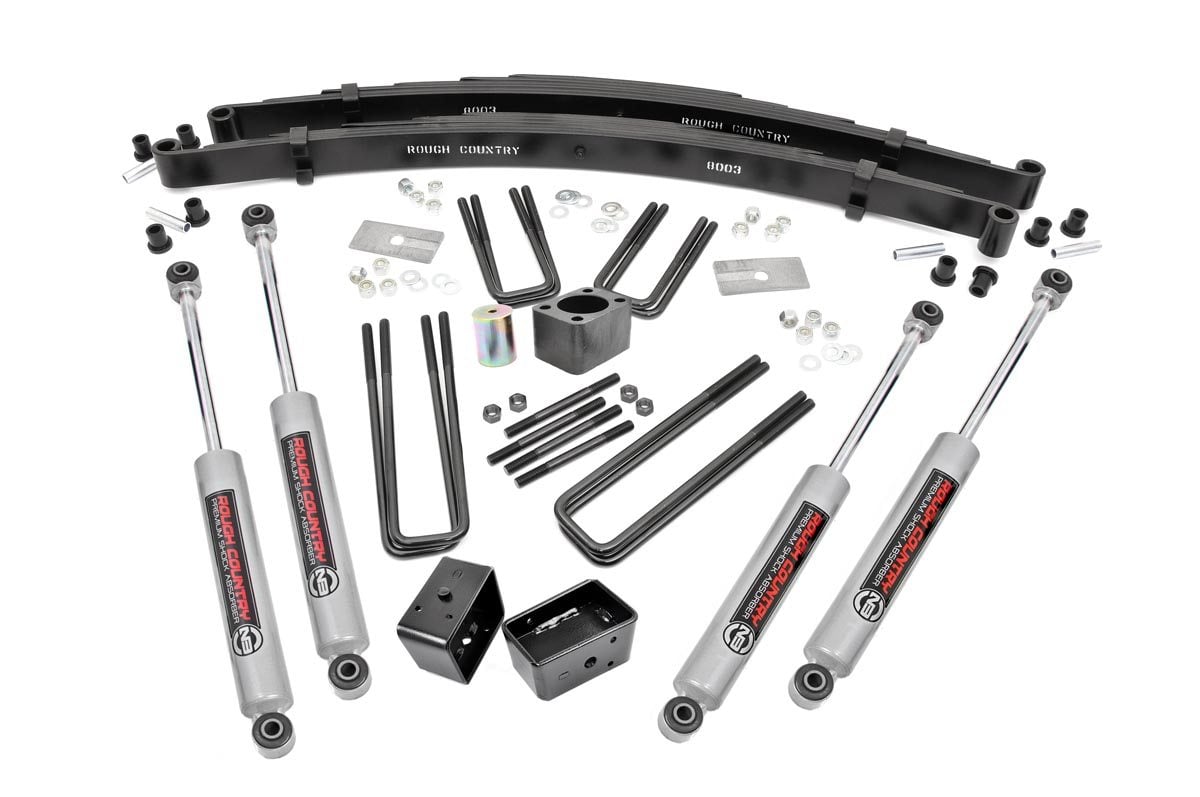 Give your Dodge W-Series Pickup an impressive upgrade, front to back with Rough Country’s 4" Dodge Suspension Lift Kit! This easy-to-install lift kit raises increases your ground clearance to avoid any obstacles and provides a better-than-stock look that gives an improved ride height and more aggressive appearance. This kit features a set of front, lifted leaf springs allowing you gain additional ride height without sacrificing ride quality or performance. A raised steering block and all necessary hardware is provided to keep everything at optimum angles for a factory-like ride, even after lifting. A set of Rough Country's premium N3 shocks are also included. These fine tuned 10-stage variable high-pressure Nitrogen charged shocks offer a fantastic blend of off-road action and smooth highway ride quality. With a durable 18mm spring-loaded piston rod and faster-cooling 54mm shock body. Rough Country's 4" Dodge Suspension Lift Kit comes with everything you need to fit up to a 35" tire with proper wheel backspacing. Best of all, Rough Country's 4” Dodge Suspension Lift Kit is backed by our Lifetime Replacement Warranty.