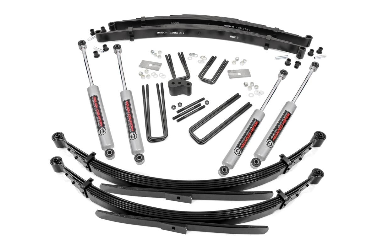 Give your Dodge an aggressive fround clearance with Rough Country’s 4" Dodge Suspension Lift System! This easy-to-install lift kit raises the front of your vehicle to be equal height with the rear for a leveled, flush look that gives a better ride height and more aggressive appearance. This kit features a set of front and rear, durable leaf springs allowing you gain additional ride height without sacrificing ride quality or performance. A raised steering arm is also provided to keep everything at optimum angles for a factory-like ride, even after lifting. A set of Rough Country's premium N3 shocks are also included in this kit. These fine tuned 10-stage variable high-pressure Nitrogen charged shocks offer a fantastic blend of off-road action and smooth highway ride quality. With a durable 18mm spring-loaded piston rod and faster-cooling 54mm shock body. Get the wheels you want! Rough Country's 4" Dodge Suspension Lift System comes with everything you need to fit up to a 35" tire with proper wheel backspacing. Best of all, Rough Country's 4" Dodge Suspension Lift System is backed by our Lifetime Replacement Warranty.