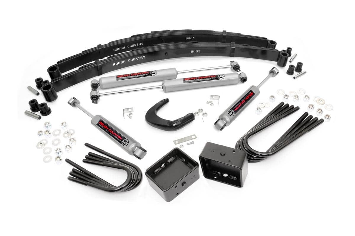Give your truck an impressive upgrade, front to back with Rough Country’s 4" GM Suspension Lift Kit! This easy-to-install lift kit raises the front of your vehicle to be equal height with the rear for a leveled, better-than-stock look that gives an improved ride height and more aggressive appearance. This kit features a set of front lifted leaf springs allowing you gain additional ride height without sacrificing ride quality or performance. A set of rear blocks andbrake line brackets are provided to keep everything at optimum angles for a factory-like ride, even after lifting. A set of Rough Country's premium N3 shocks are also included. These fine tuned 10-stage variable high-pressure Nitrogen charged shocks offer a fantastic blend of off-road action and smooth highway ride quality. With a durable 18mm spring-loaded piston rod and faster-cooling 54mm shock body. Get the wheels you want! Rough Country's 4" GM Suspension Lift Kit comes with everything you need to fit up to a 35" tire with proper wheel backspacing. Best of all, Rough Country's 4” GM Suspension Lift Kit is backed by our Lifetime Replacement Warranty.