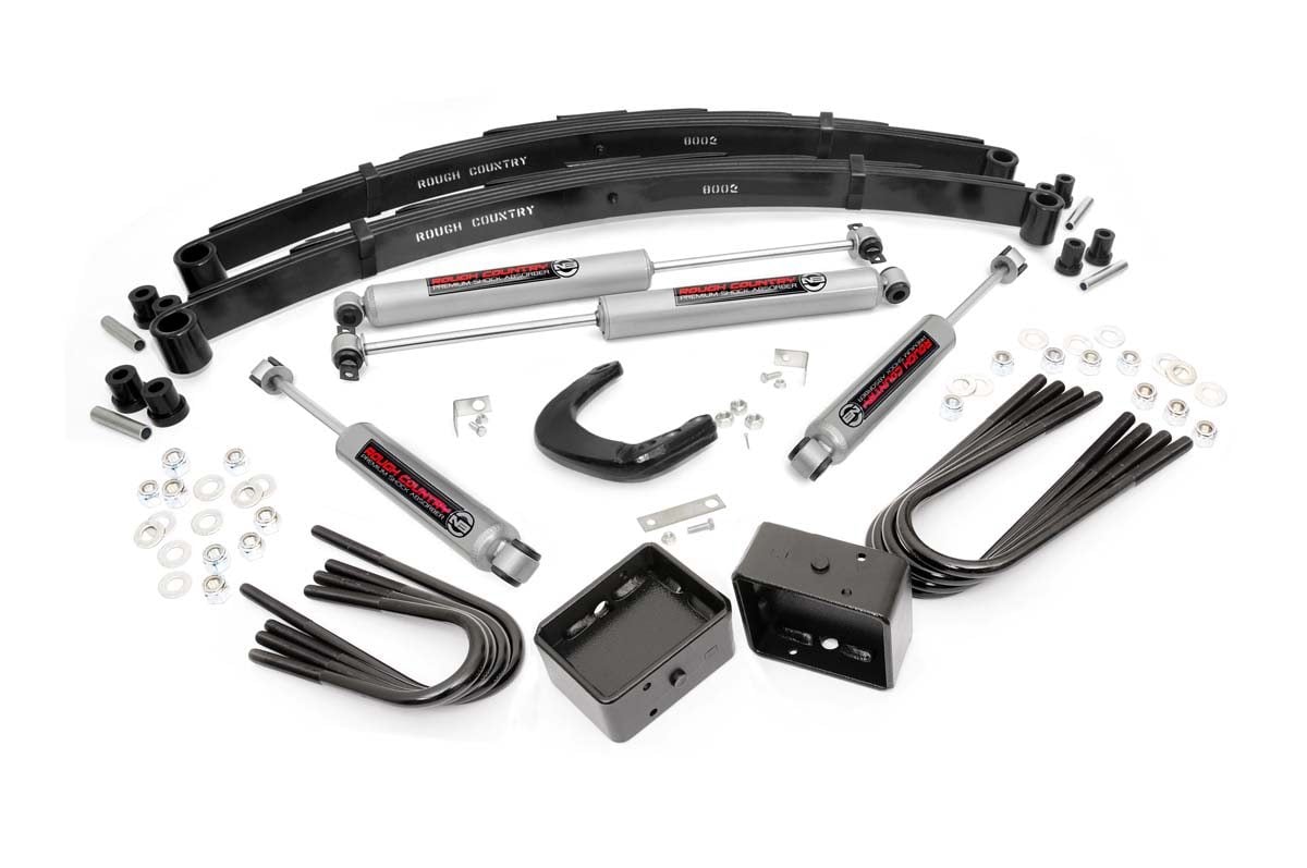 Give your truck an impressive upgrade, front to back with Rough Country’s 4" GM Suspension Lift Kit! This easy-to-install lift kit raises the front of your vehicle to be equal height with the rear for a leveled, better-than-stock look that gives an improved ride height and more aggressive appearance. This kit features a set of front lifted leaf springs allowing you gain additional ride height without sacrificing ride quality or performance. A set of rear lift blocks and brake line brackets are provided to keep everything at optimum angles for a factory-like ride, even after lifting. A set of Rough Country's premium N3 shocks are also included. These fine tuned 10-stage variable high-pressure Nitrogen charged shocks offer a fantastic blend of off-road action and smooth highway ride quality. With a durable 18mm spring-loaded piston rod and faster-cooling 54mm shock body. Get the wheels you want! Rough Country's 4" GM Suspension Lift Kit comes with everything you need to fit up to a 35" tire with proper wheel backspacing. Best of all, Rough Country's 4” GM Suspension Lift Kit is backed by our Lifetime Replacement Warranty.