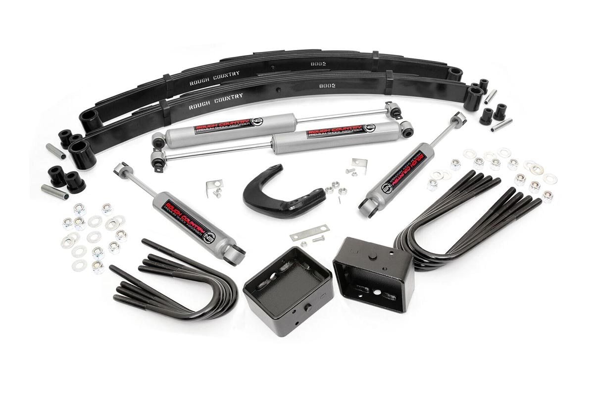Give your truck an impressive upgrade, front to back with Rough Country’s 4" GM Suspension Lift Kit! This easy-to-install lift kit raises the front of your vehicle to be equal height with the rear for a leveled, better-than-stock look that gives an improved ride height and more aggressive appearance. This kit features a set of front lifted leaf springs allowing you gain additional ride height without sacrificing ride quality or performance. A set of rear blocks and brake line brackets are provided to keep everything at optimum angles for a factory-like ride, even after lifting. A set of Rough Country's premium N3 shocks are also included. These fine tuned 10-stage variable high-pressure Nitrogen charged shocks offer a fantastic blend of off-road action and smooth highway ride quality. With a durable 18mm spring-loaded piston rod and faster-cooling 54mm shock body. Get the wheels you want! Rough Country's 4" GM Suspension Lift Kit comes with everything you need to fit up to a 35" tire with proper wheel backspacing. Best of all, Rough Country's 4” GM Suspension Lift Kit is backed by our Lifetime Replacement Warranty.