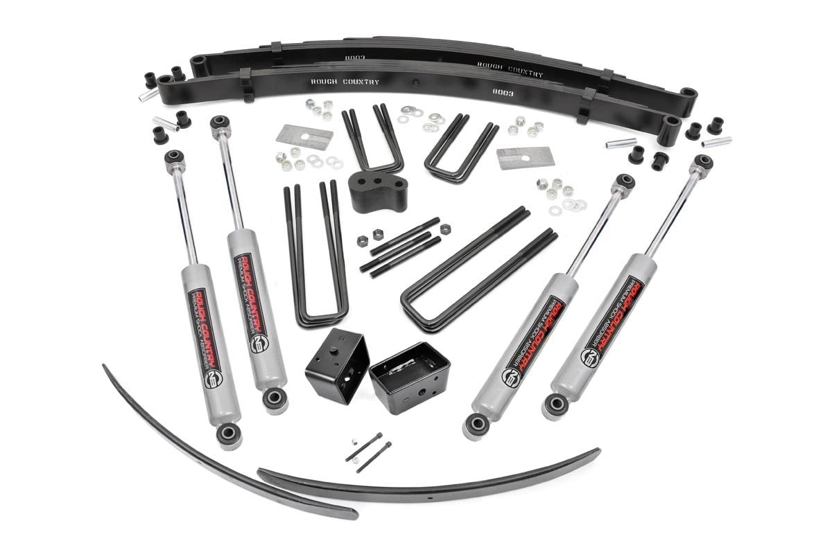 Give your Dodge an increased ground clearance with Rough Country’s 4" Dodge Suspension Lift Kit! This easy-to-install leveling kit raises the front of your vehicle to be equal height with the rear for a leveled, flush look that gives a better ride height and more aggressive appearance. This kit features a set of front, durable leaf springs allowing you gain additional ride height without sacrificing ride quality or performance. A raised steering arm and rear blocks as well as add-a-leaf's are also provided to keep everything at optimum angles for a factory-like ride, even after lifting. A set of Rough Country's premium N3 shocks are also included in this kit. These fine tuned 10-stage variable high-pressure Nitrogen charged shocks offer a fantastic blend of off-road action and smooth highway ride quality. With a durable 18mm spring-loaded piston rod and faster-cooling 54mm shock body. Get the wheels you want! Rough Country's 4" Dodge Suspension Lift Kit comes with everything you need to fit up to a 35" tire with proper wheel backspacing. Best of all, Rough Country's 4" Dodge Suspension Lift Kit is backed by our Lifetime Replacement Warranty.