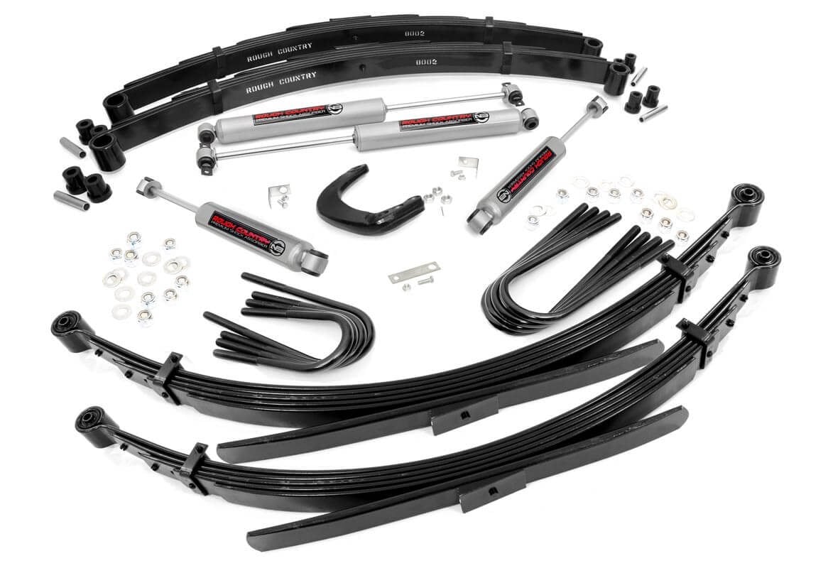 Give your truck an impressive upgrade, front to back with Rough Country’s 4" GM Suspension Lift Kit! This easy-to-install lift kit raises the front of your vehicle to be equal height with the rear for a leveled, better-than-stock look that gives an improved ride height and more aggressive appearance. This kit features a set of front lifted leaf springs allowing you gain additional ride height without sacrificing ride quality or performance. A set of rear blocks andbrake line brackets are provided to keep everything at optimum angles for a factory-like ride, even after lifting. A set of Rough Country's premium N3 shocks are also included. These fine tuned 10-stage variable high-pressure Nitrogen charged shocks offer a fantastic blend of off-road action and smooth highway ride quality. With a durable 18mm spring-loaded piston rod and faster-cooling 54mm shock body. Get the wheels you want! Rough Country's 4" GM Suspension Lift Kit comes with everything you need to fit up to a 35" tire with proper wheel backspacing. Best of all, Rough Country's 4” GM Suspension Lift Kit is backed by our Lifetime Replacement Warranty.