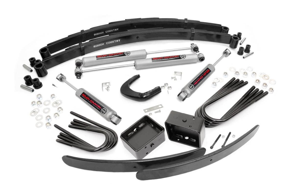 Give your truck an impressive upgrade, front to back with Rough Country’s 6" GM Suspension Lift Kit! This easy-to-install lift kit raises the front of your vehicle to be equal height with the rear for a leveled, better-than-stock look that gives an improved ride height and more aggressive appearance.\
This kit features a set of front lifted leaf springs allowing you gain additional ride height without sacrificing ride quality or performance. A set of rear blocks, add-a-leafs, and brake line brackets are provided to keep everything at optimum angles for a factory-like ride, even after lifting.\
A set of Rough Country's premium N3 shocks are also included. These fine tuned 10-stage variable high-pressure Nitrogen charged shocks offer a fantastic blend of off-road action and smooth highway ride quality. With a durable 18mm spring-loaded piston rod and faster-cooling 54mm shock body.\
Get the wheels you want! Rough Country's 6" GM Suspension Lift Kit comes with everything you need to fit up to a 37" tire with proper wheel backspacing.\
Best of all, Rough Country's 6” GM Suspension Lift Kit is backed by our Lifetime Replacement Warranty.