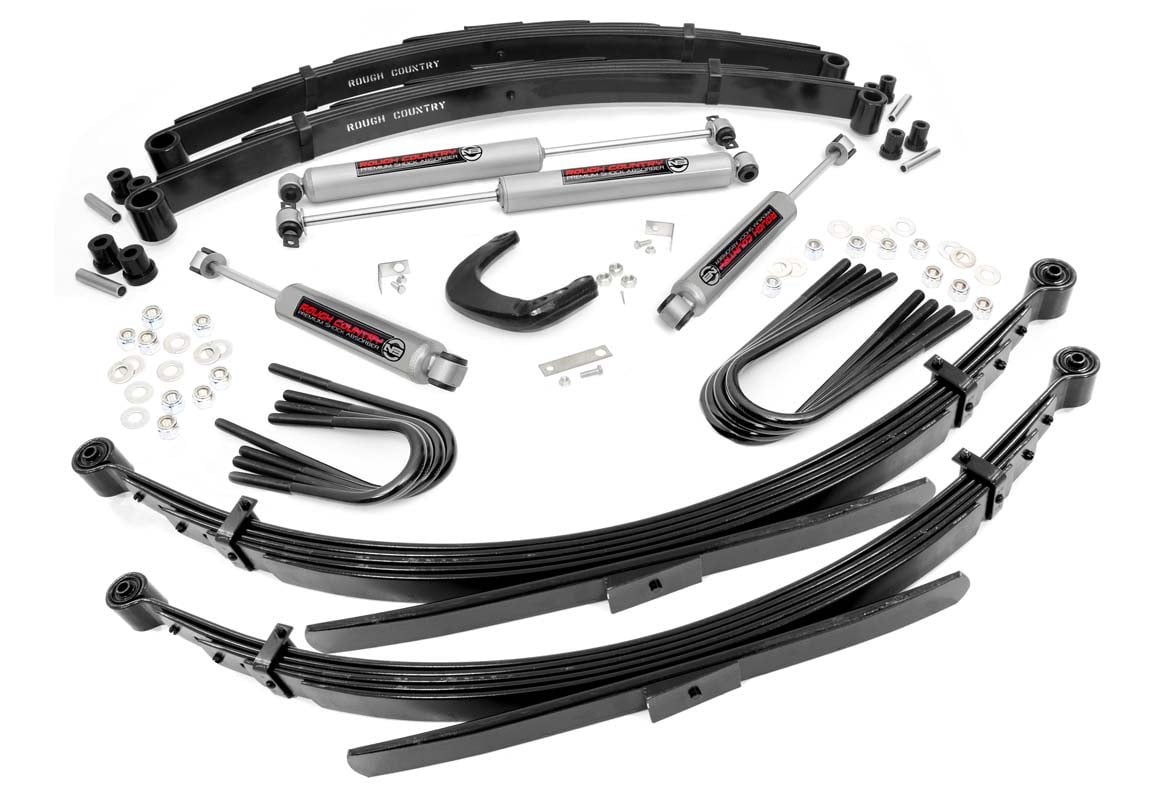 Give your truck an impressive upgrade, front to back with Rough Country’s 4" GM Suspension Lift System! This easy-to-install lift kit raises the front of your vehicle to be equal height with the rear for a leveled, better-than-stock look that gives an improved ride height and more aggressive appearance.\
This kit features a set of front lifted leaf springs allowing you gain additional ride height without sacrificing ride quality or performance. A set of rear leaf springs and brake line brackets are provided to keep everything at optimum angles for a factory-like ride, even after lifting.\
A set of Rough Country's premium N3 shocks are also included. These fine tuned 10-stage variable high-pressure Nitrogen charged shocks offer a fantastic blend of off-road action and smooth highway ride quality. With a durable 18mm spring-loaded piston rod and faster-cooling 54mm shock body.\
Get the wheels you want! Rough Country's 4" GM Suspension Lift System comes with everything you need to fit up to a 35" tire with proper wheel backspacing.\
Best of all, Rough Country's 4” GM Suspension Lift System is backed by our Lifetime Replacement Warranty.