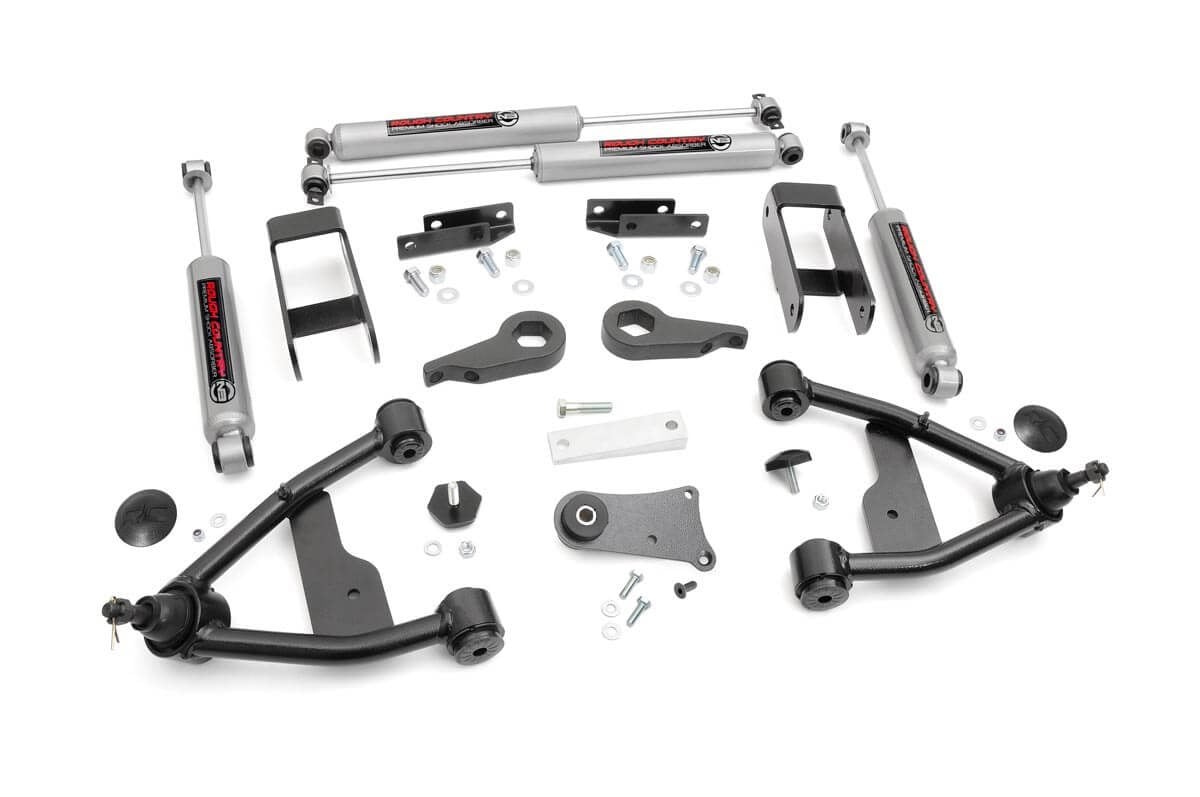 Rough Country Suspension Systems is pleased to announce our REDESIGNED 2.5" Suspension Lift for '82 - '04 Chevy S-10/Blazer models. This all inclusive lift kit features everything you need to hit the ground running, with some exciting upgrades to our previous design. Now featuring our new Nitrogen charged N3 shocks with custom 10 stage variable valving, you'll be paired up with the most versatile shocks on the market - balanced for performance on and off-road. Also new to this kit are a set of front differential brackets to maintain optimum CV angles after lifting. The 2.5" S-10/Blazer kit ships with a set of durable upper control arms featuring durable rubber bushings and rebuildable pressed-in ball joints for prolonged life and easy installation. A set of rear lifted shackles and Forged torsion keys afford enough clearance to run up to 31" tires, while giving your vehicle a jaw-droppingly great look.