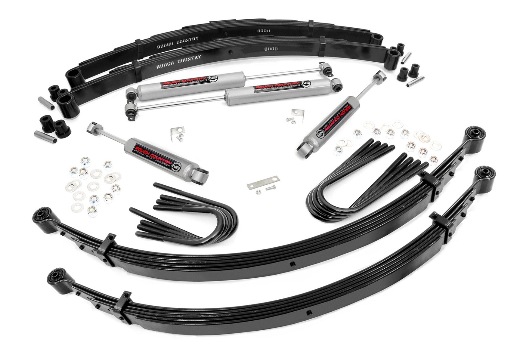 Give your truck an impressive upgrade, front to back with Rough Country’s 2" GM Suspension Lift System! This easy-to-install lift kit raises the front of your vehicle to be equal height with the rear for a leveled, better-than-stock look that gives an improved ride height and more aggressive appearance. This kit features a set of front lifted leaf springs allowing you gain additional ride height without sacrificing ride quality or performance. A set of rear leeaf springs and brake line brackets are provided to keep everything at optimum angles for a factory-like ride, even after lifting. A set of Rough Country's premium N3 shocks are also included. These fine tuned 10-stage variable high-pressure Nitrogen charged shocks offer a fantastic blend of off-road action and smooth highway ride quality. With a durable 18mm spring-loaded piston rod and faster-cooling 54mm shock body. Get the wheels you want! Rough Country's 2" GM Suspension Lift System comes with everything you need to fit up to a 33" tire with proper wheel backspacing. Best of all, Rough Country's 2” GM Suspension Lift System is backed by our Lifetime Replacement Warranty.