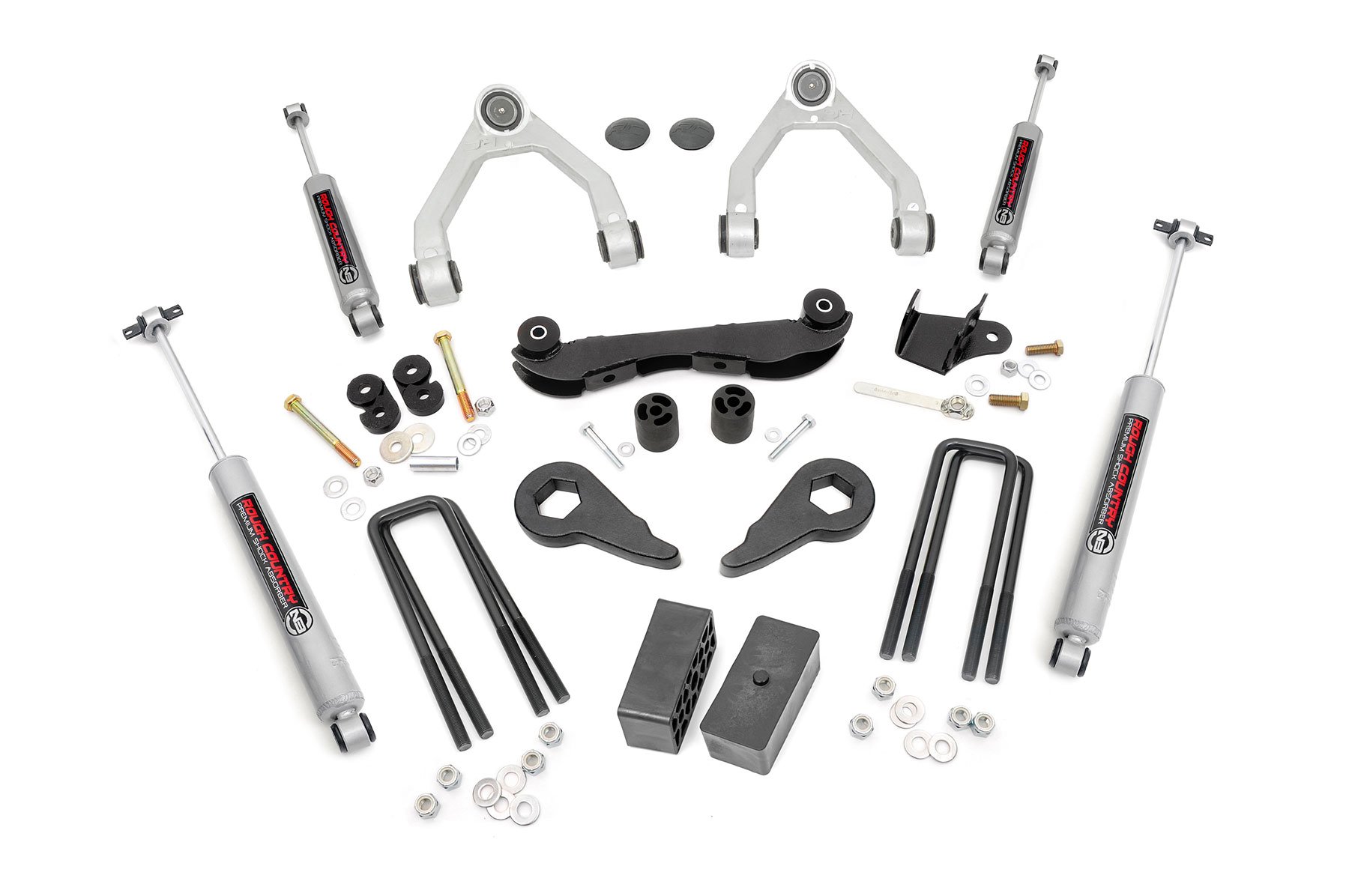 This 3" kit now includes durable OEM style rubber bushings, proven to hold up to even the most rough and tumble trailblazers, and features increased vibration dampening. A set of MOOG Problem Solver pressed in ball joints also ship with this kit; pre-pressed in to expedite installation and requires no reaming or modifying the spindle. This kit also includes our new N3 Shocks - custom tuned for balanced on and off-road use - as well as forged torsion bar adjuster keys, a differential drop bracket, and your choice of rear lift blocks or add-a-leaf sets.