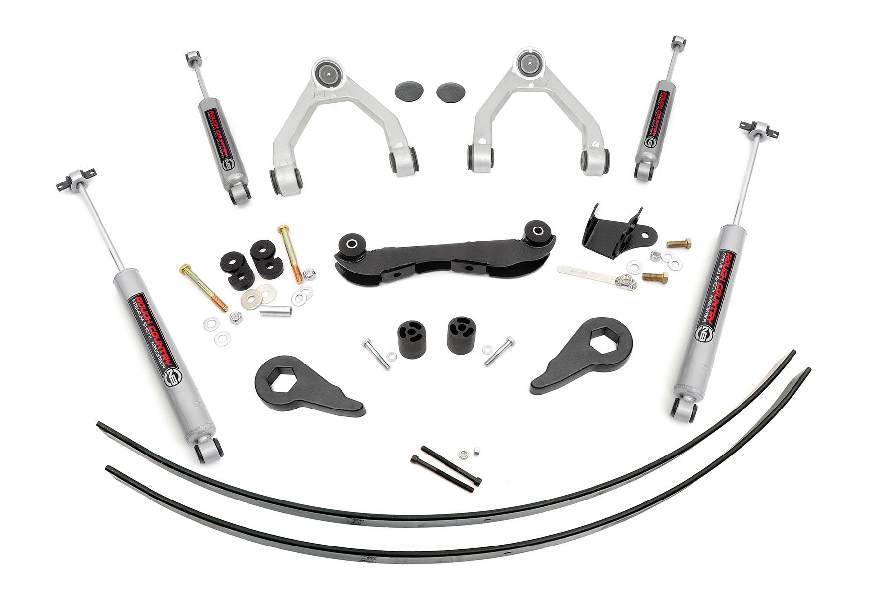 The Rough Country 2-3in kit for the 88-98 GM 1500 now includes Forged Aluminum Upper Control Arms with durable OEM style rubber bushings, proven to hold up to even the most rough and tumble trailblazers. These arms feature a set of upgraded POM ball joints that offer a greater range of motion for more articulation than standard or OE replacements, Polyoxymethylene ball race with an extremely low coefficient of friction for longer life, and a larger ball diameter to improve range of motion with a maintenance free design. This kit also includes N3 Shocks, forged torsion bar adjuster keys, a differential drop bracket, and rear fabricated lift blocks.