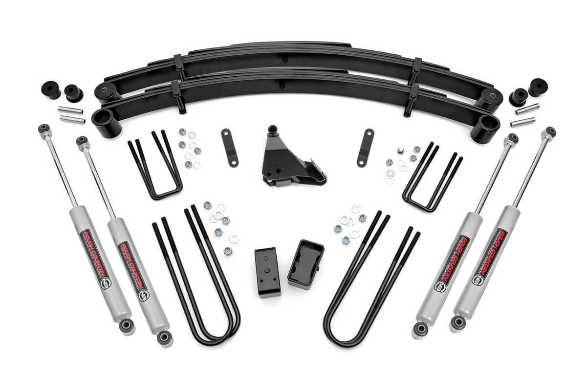 Give your 99-04 Ford Super Duty an impressive upgrade, front to back with Rough Country’s 4" Ford Suspension Lift Kit! This easy-to-install lift kit raises the front of your vehicle to be equal height with the rear for a leveled, better-than-stock look that gives an improved ride height and more aggressive appearance. This kit features a set of front, lifted leaf springs allowing you gain additional ride height without sacrificing ride quality or performance. A set of sway bar drop brackets and track bar bracket are provided to keep everything at optimum angles for a factory-like ride, even after lifting. A set of Rough Country's premium N3 shocks are also included. These fine tuned 10-stage variable high-pressure Nitrogen charged shocks offer a fantastic blend of off-road action and smooth highway ride quality. With a durable 18mm spring-loaded piston rod and faster-cooling 54mm shock body. Get the wheels you want! Rough Country's 4" 99-04 Ford Suspension Lift Kit comes with everything you need to fit up to a 35" tire with proper wheel backspacing. Best of all, Rough Country's 4” Ford Suspension Lift Kit is backed by our Lifetime Replacement Warranty.