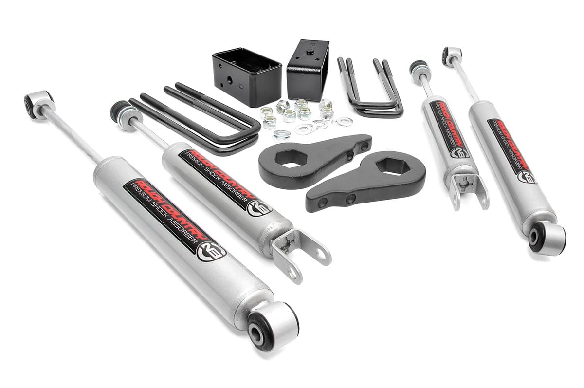 Transforming your truck has never been easier with Rough Country's 1.5" - 2.5" Leveling Suspension kit for 99-06 Chevy / GMC 1500's. Get everything you need to run up to 32" tires and gain the aggressive good-looks of a leveled truck with a taller stance - all in one easy to install package. A set of high-quality Rough Country Forged Torsion Keys allow fine-tuning of the torsion bar to level the front with the rear. With a 1" adjustable range, these keys can be dialed in to the desired angle; from perfectly level to Cali lean. Our Forged Torsion keys are considerably stronger than cast-iron, offering plenty of strength to keep everything locked and leveled. Get the wheels you want! Rough Country's 1.5" - 2.5" Leveling Kit comes with everything you need to fit up to a 285/75 R16 tire with factory backspacing. A set of 3" Rear Blocks and shock spacers help provide ample room for a wider range of options than lesser leveling kits can offer. This kit features Rough Country's premium N3 shocks! These 10-stage variable valving, high-pressure Nitrogen charged shocks offer a fantastic blend of off-road action and smooth highway ride quality. With a durable 18mm spring-loaded piston rod and faster-cooling 54mm shock body, this shock offers up to 36kN Tensile Strength for a long lifespan of vibration dampening. Features natural rubber bushings and an eye-catching metallic silver paint. With our 100% Bolt-On Installation processes, this kit is easy enough to install on your own, or can save money on installation at your local shop. Best of all, this GM Leveling kit is backed by Rough Country's Lifetime Replacement Warranty and features our 100% Satisfaction Guarantee.