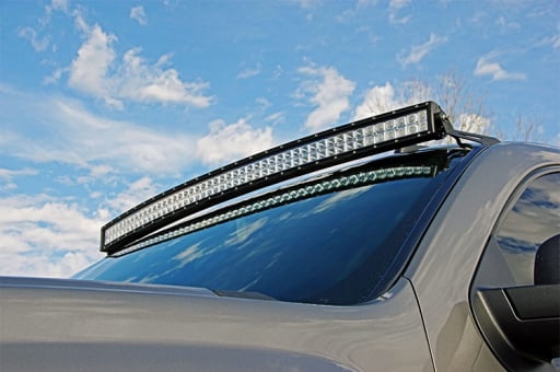 Upper Windshield 50in Curved LED Light Bar Mounting Brackets Installed