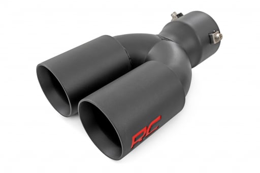 Exhaust Tip | Black | Red RC Logo | 2.5-3 Inch Pipe Single Inlet | Dual Outlet
