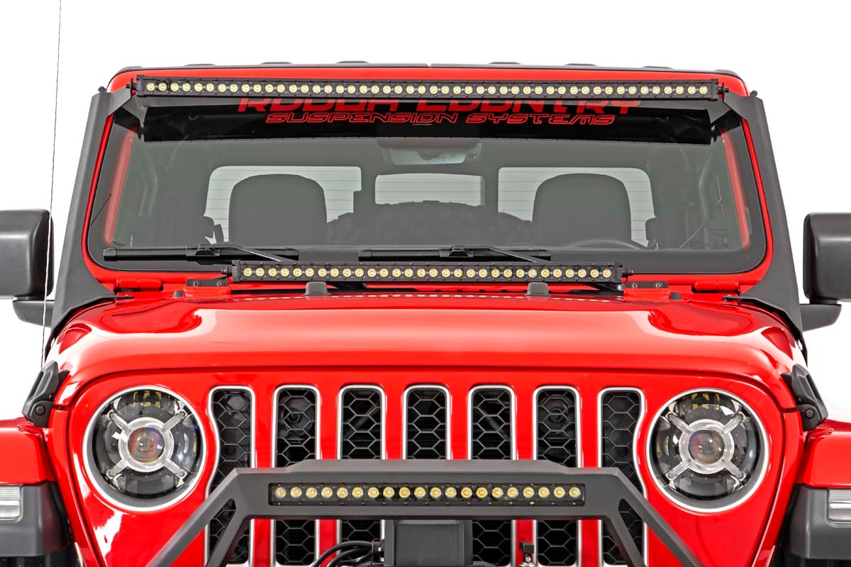 Jeep 50-inch Straight LED Light Bar Upper Windshield Kit w / Single-Row Black Series LED (20-24 Gladiator JT, 18-24 Wrangler JL)